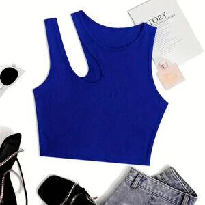 Asymmetrical Ribbed Crop Tank (Color: Blue)